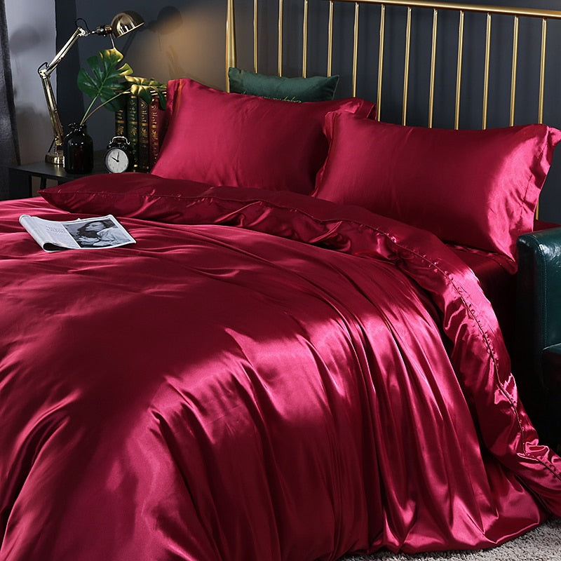 Mulberry Silk Bedding Set with Duvet Cover Fitted/Flat Bed Sheet Pillowcase Luxury Satin Bedsheet Solid Color King Queen Twin