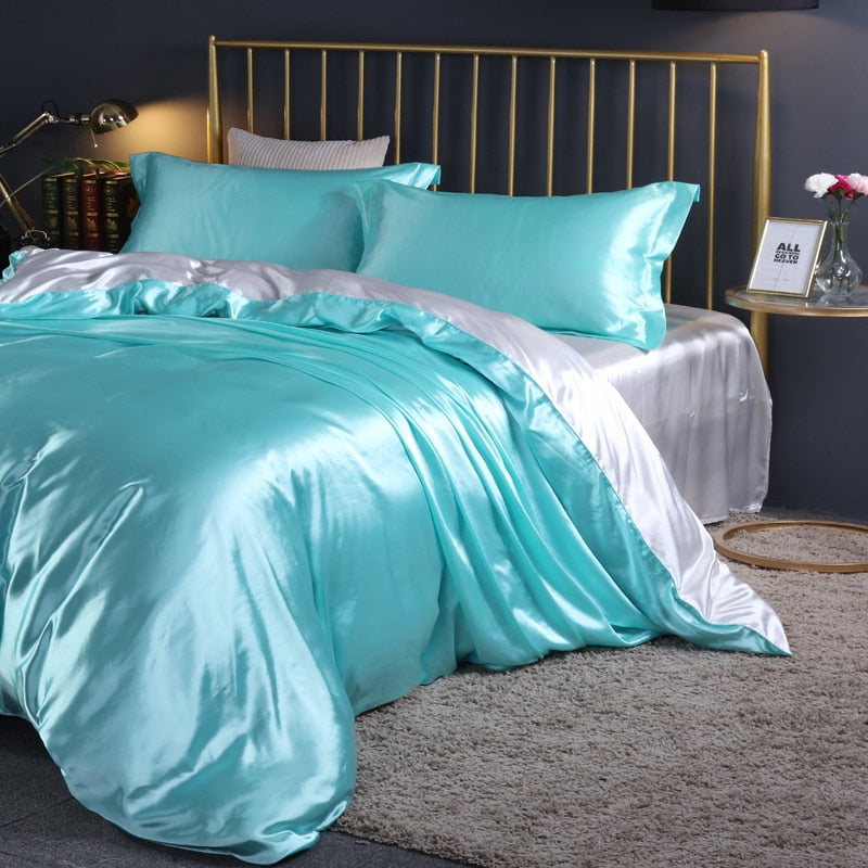 Mulberry Silk Bedding Set with Duvet Cover Fitted/Flat Bed Sheet Pillowcase Luxury Satin Bedsheet Solid Color King Queen Twin