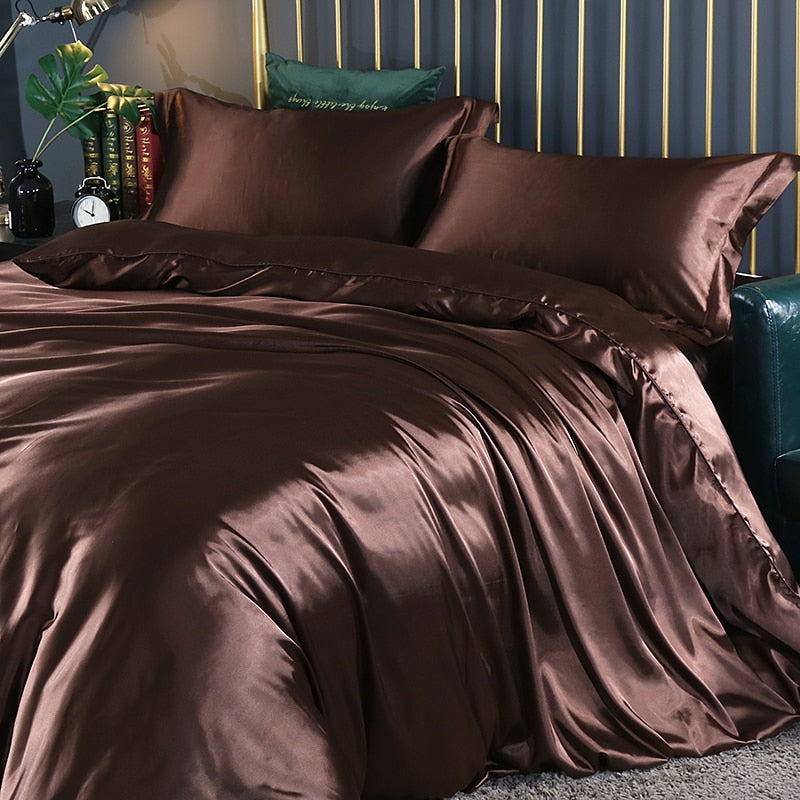 Mulberry Silk Bedding Set with Duvet Cover Fitted/Flat Bed Sheet Pillowcase Luxury Satin Bedsheet Solid Color King Queen Twin