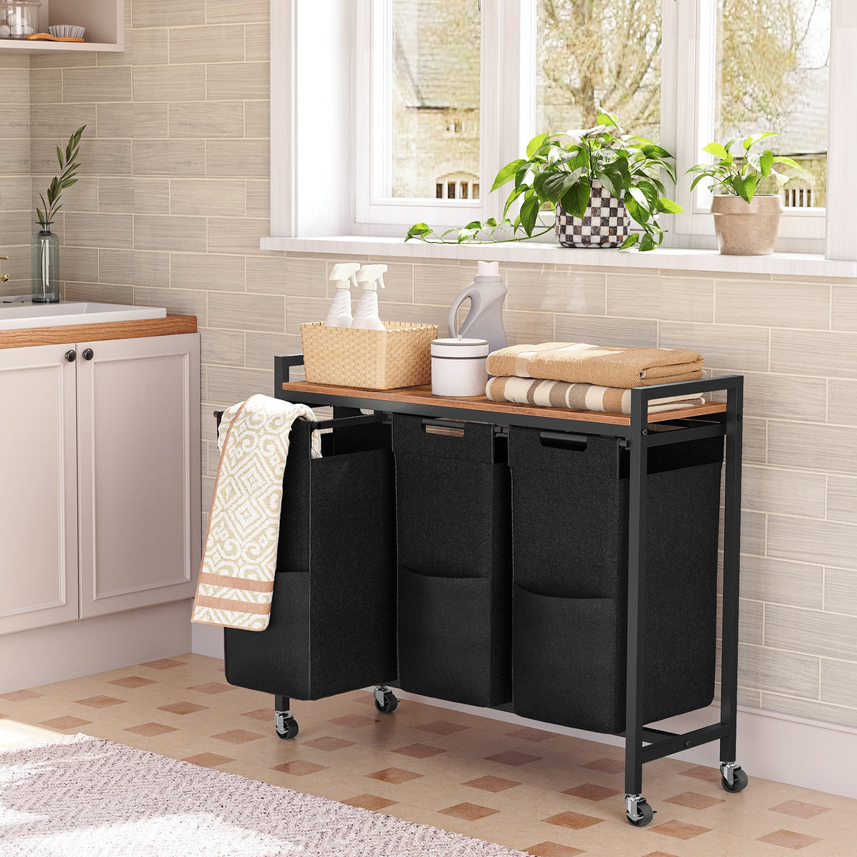 Laundry Hamper with Shelf and Wheels