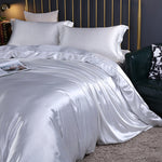 Mulberry Silk Bedding Set with Duvet Cover Fitted/Flat Bed Sheet Pillowcase Luxury Satin Bedsheet Solid Color King Queen Twin