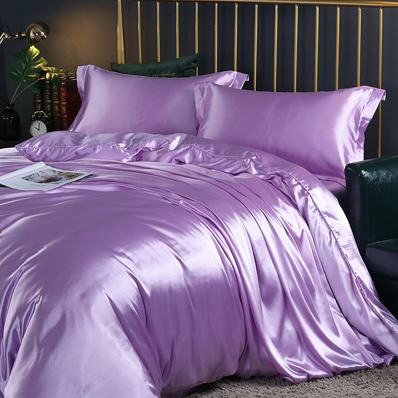 Mulberry Silk Bedding Set with Duvet Cover Fitted/Flat Bed Sheet Pillowcase Luxury Satin Bedsheet Solid Color King Queen Twin
