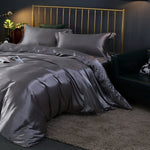 Mulberry Silk Bedding Set with Duvet Cover Fitted/Flat Bed Sheet Pillowcase Luxury Satin Bedsheet Solid Color King Queen Twin