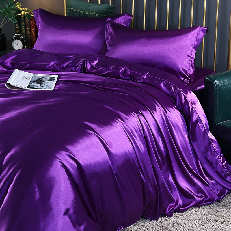 Mulberry Silk Bedding Set with Duvet Cover Fitted/Flat Bed Sheet Pillowcase Luxury Satin Bedsheet Solid Color King Queen Twin